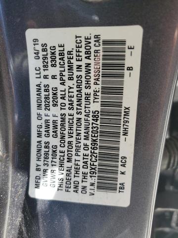 2019 Honda Civic Lx VIN: 19XFC2F69KE037485 Lot: 56716444