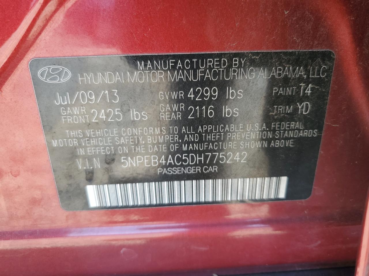 5NPEB4AC5DH775242 2013 Hyundai Sonata Gls