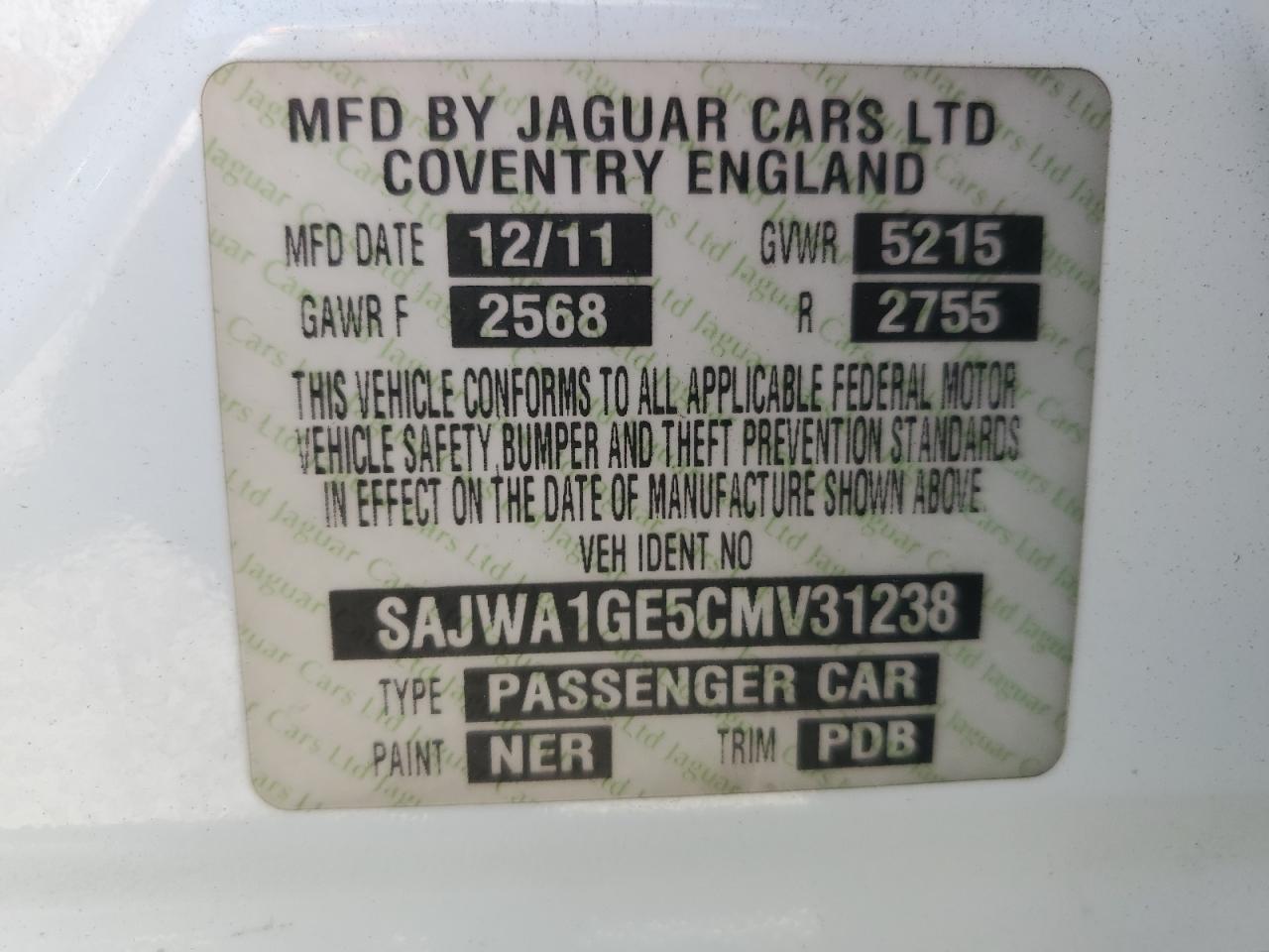 SAJWA1GE5CMV31238 2012 Jaguar Xj Supercharged