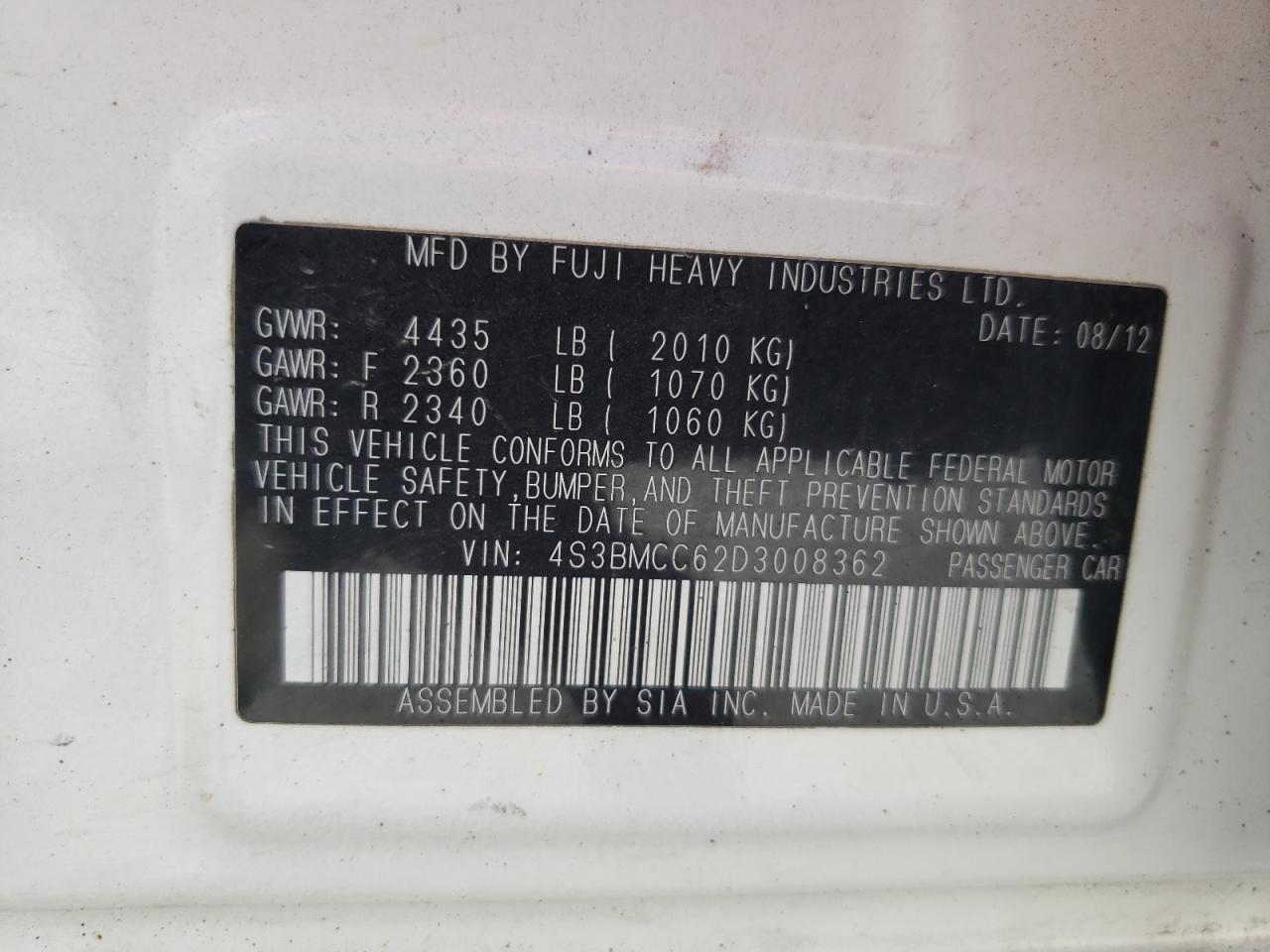 4S3BMCC62D3008362 2013 Subaru Legacy 2.5I Premium