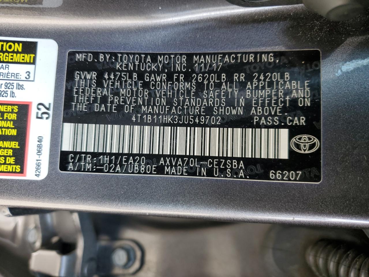 4T1B11HK3JU549702 2018 Toyota Camry L