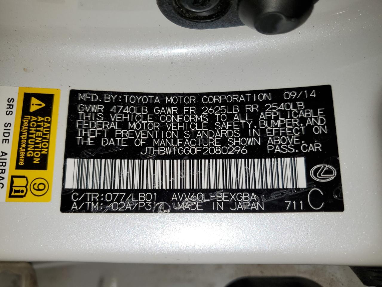 JTHBW1GG0F2080296 2015 Lexus Es 300H