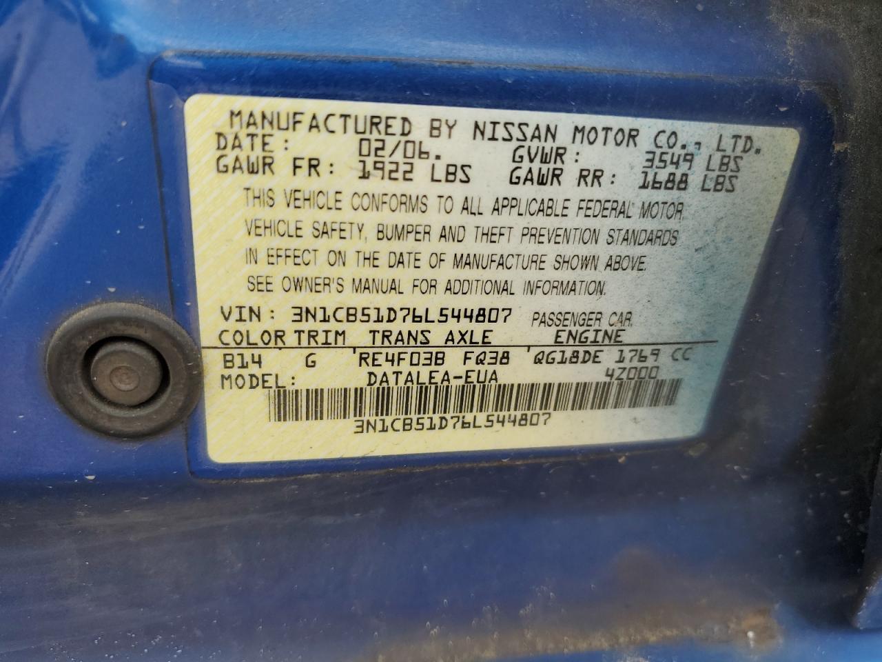 3N1CB51D76L544807 2006 Nissan Sentra 1.8