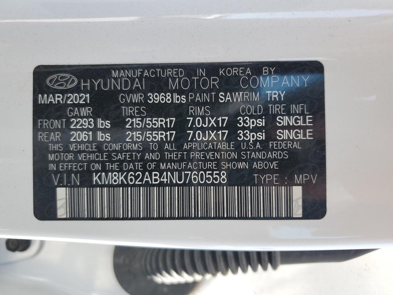 KM8K62AB4NU760558 2022 Hyundai Kona Sel