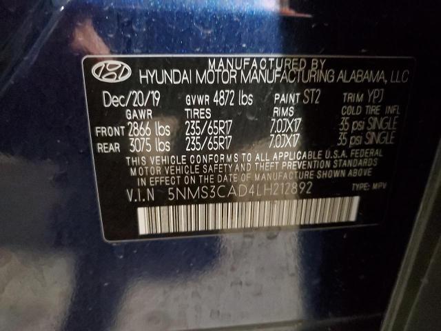 2020 Hyundai Santa Fe Sel VIN: 5NMS3CAD4LH212892 Lot: 54787444