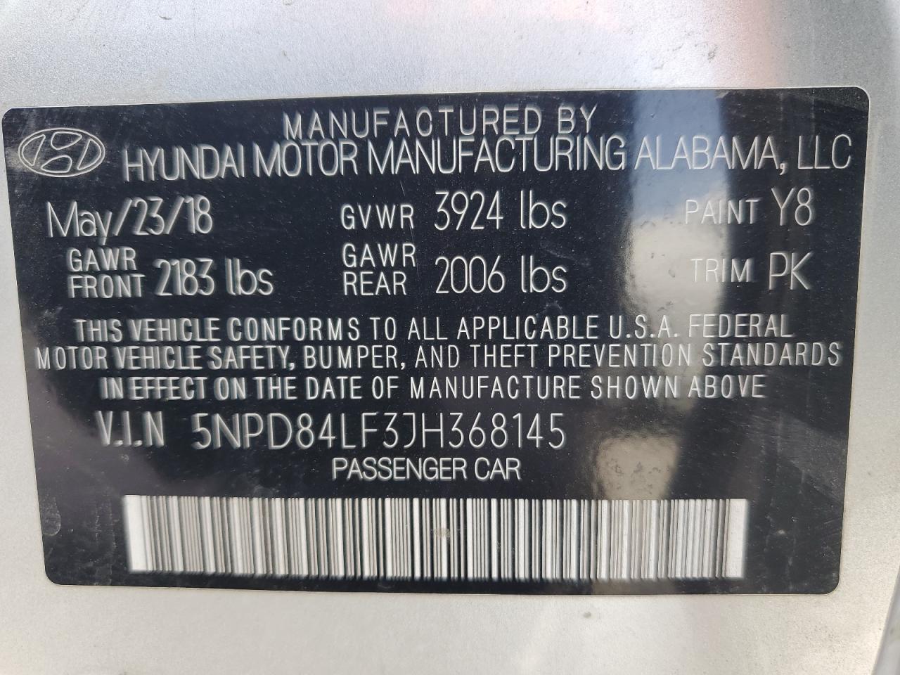 5NPD84LF3JH368145 2018 Hyundai Elantra Sel