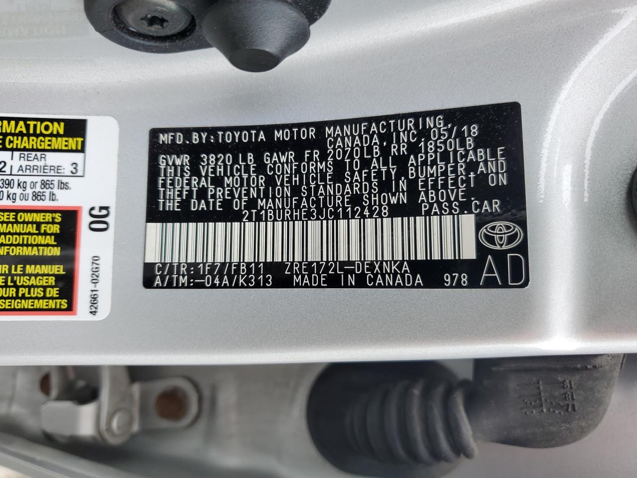 2T1BURHE3JC112428 2018 Toyota Corolla L