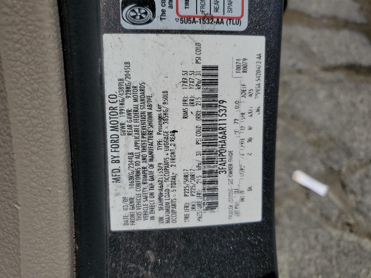 3FAHP0HA6AR115379 2010 Ford Fusion Se