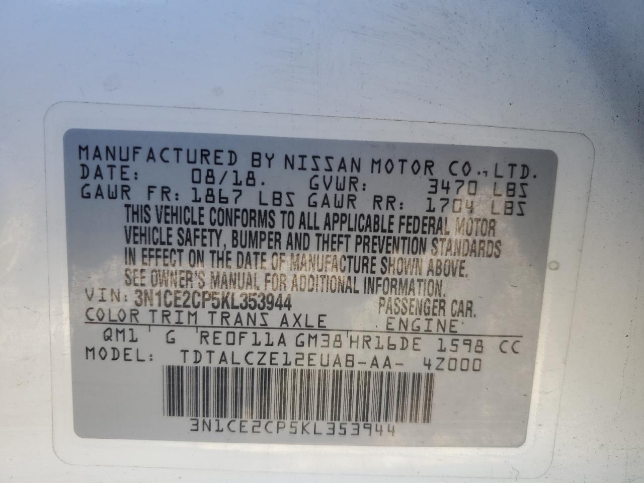 3N1CE2CP5KL353944 2019 Nissan Versa Note S