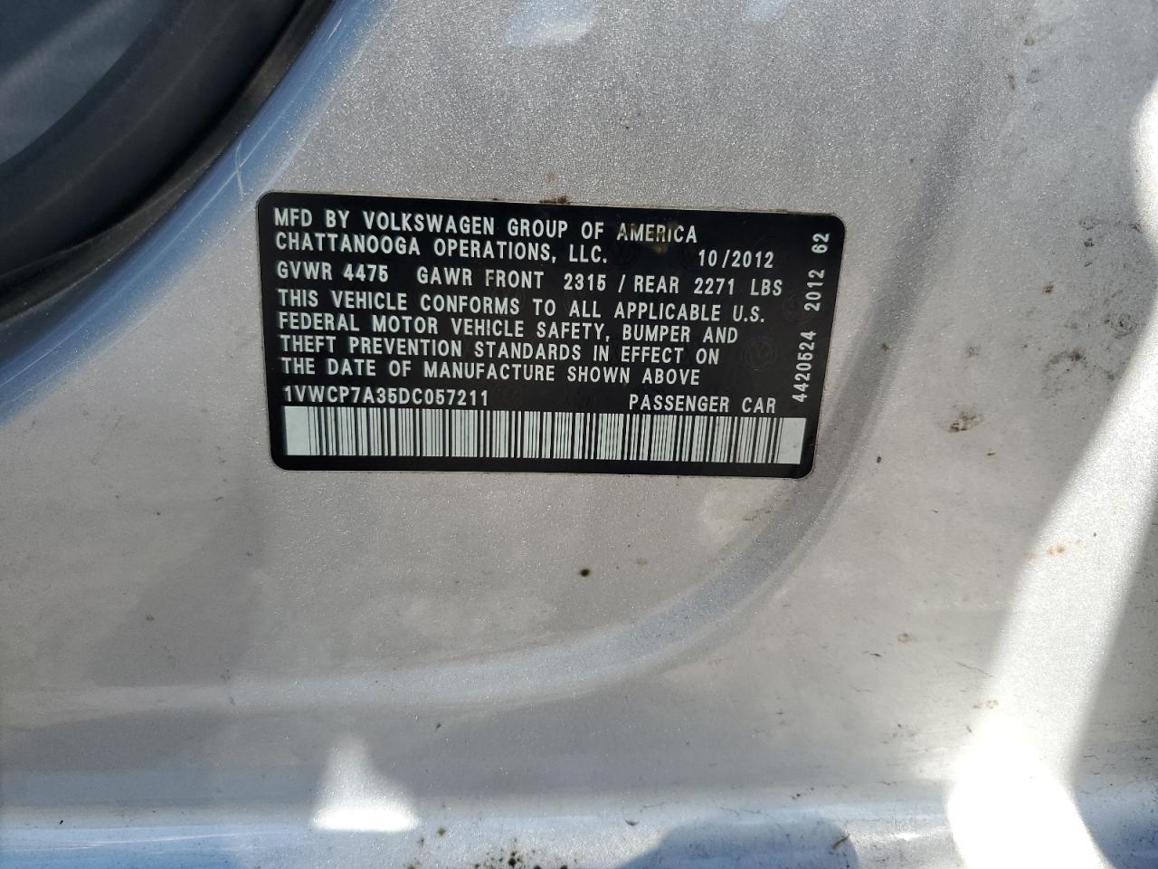 1VWCP7A35DC057211 2013 Volkswagen Passat Sel