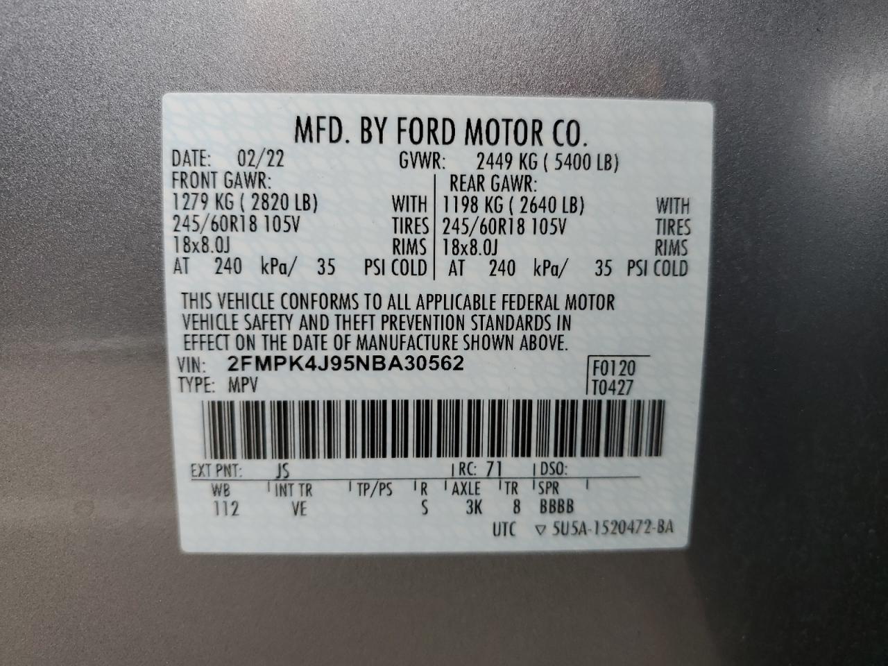 2FMPK4J95NBA30562 2022 Ford Edge Sel