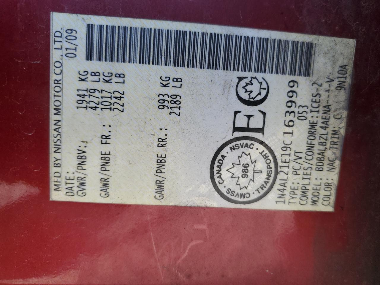 1N4AL21E19C163999 2009 Nissan Altima 2.5