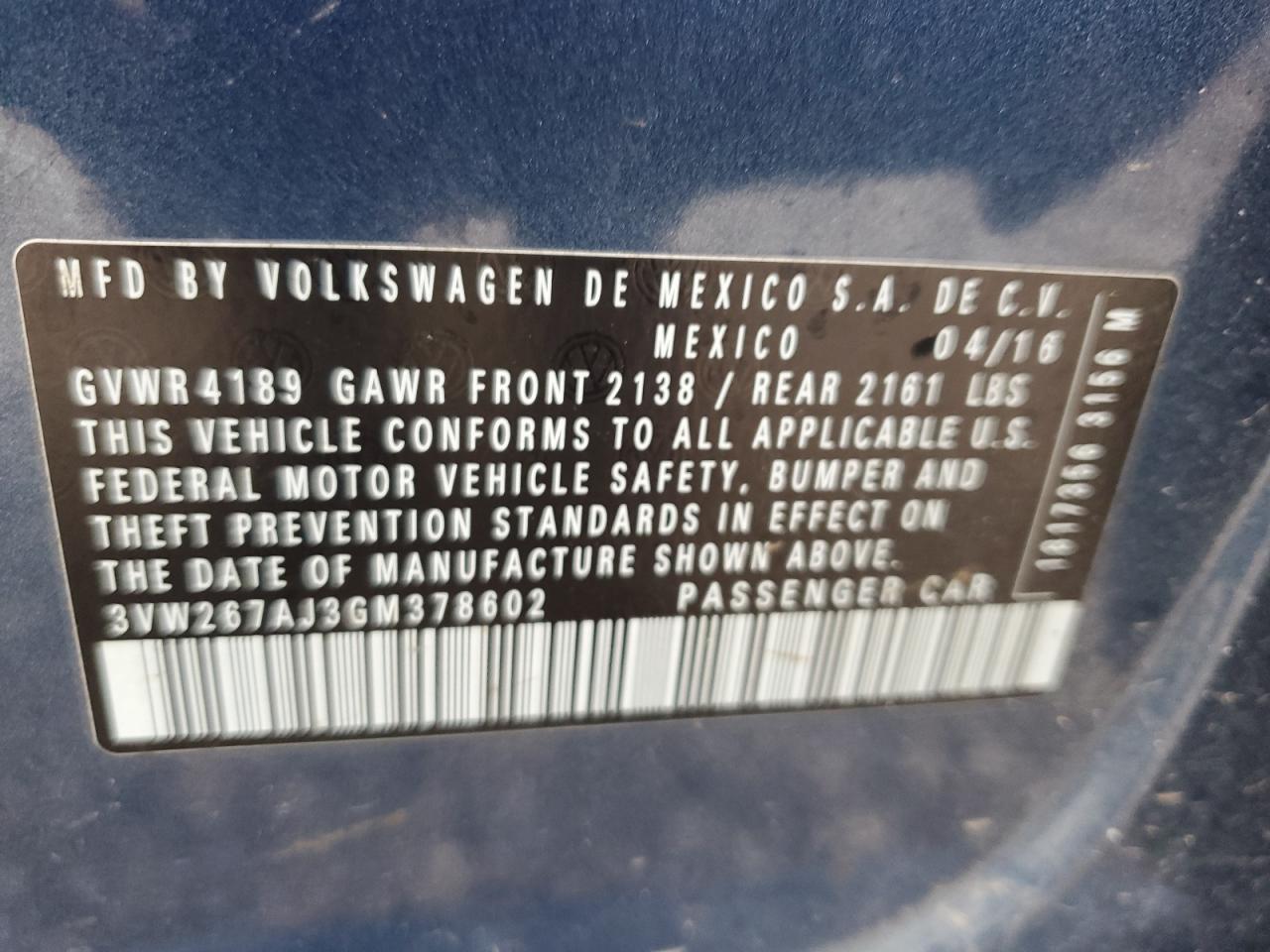 3VW267AJ3GM378602 2016 Volkswagen Jetta S