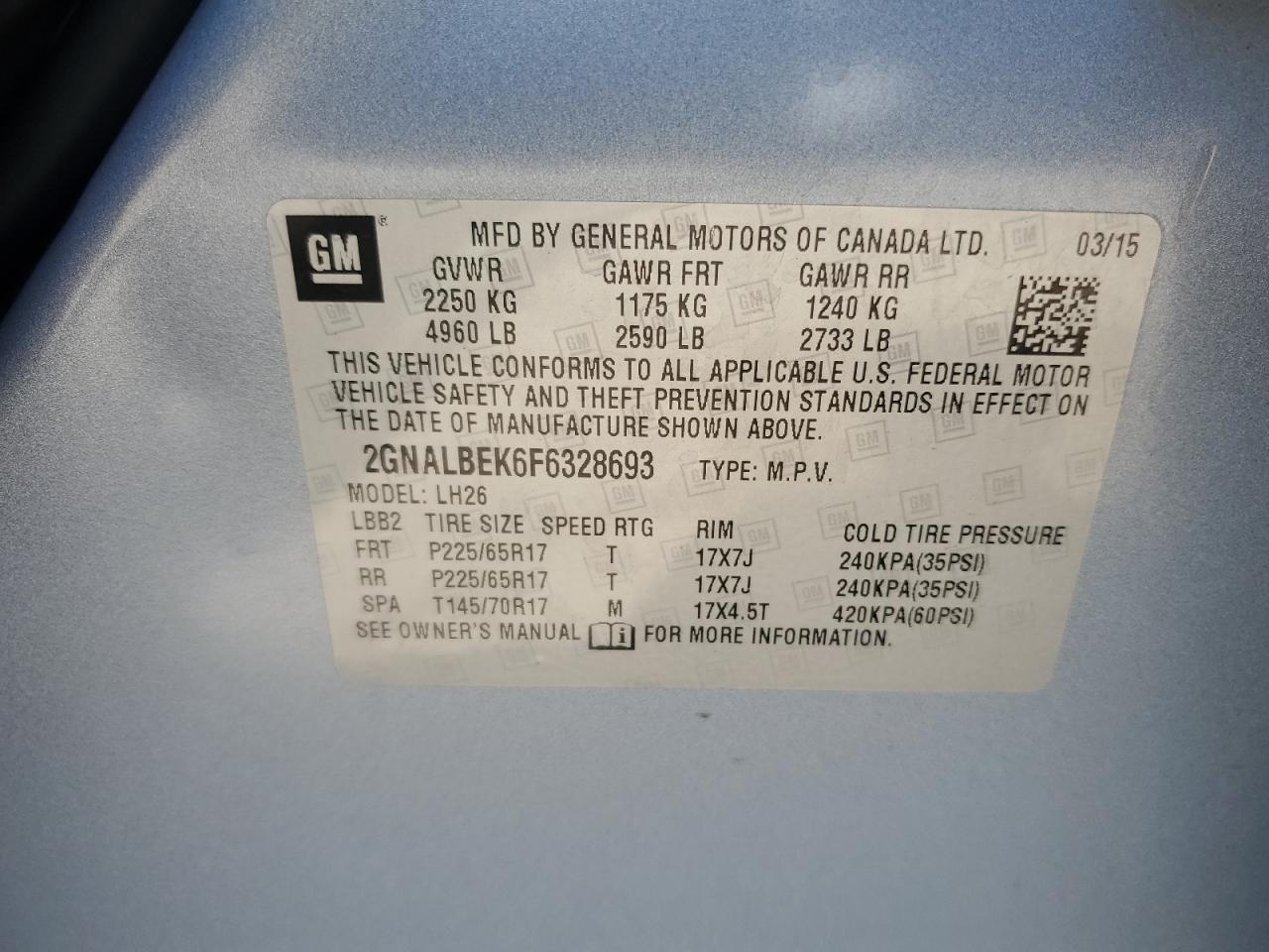 2GNALBEK6F6328693 2015 Chevrolet Equinox Lt