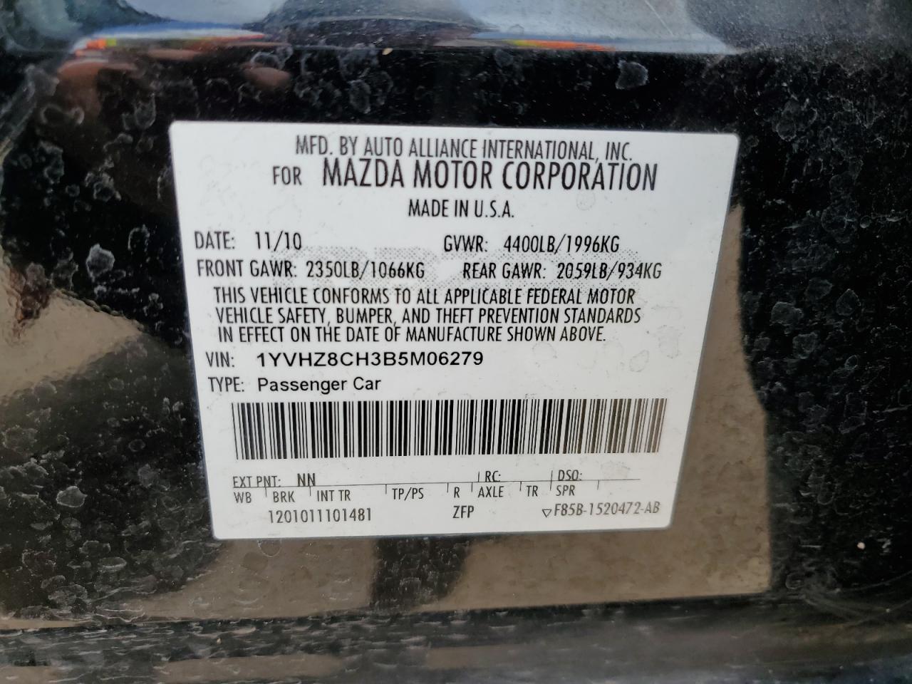 1YVHZ8CH3B5M06279 2011 Mazda 6 I