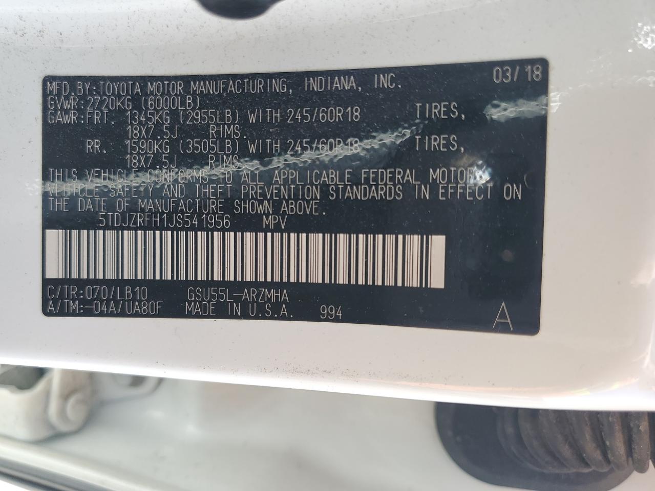 5TDJZRFH1JS541956 2018 Toyota Highlander Se