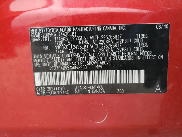 2010 Toyota Rav4 VIN: 2T3ZF4DV5AW043863 Lot: 57088154