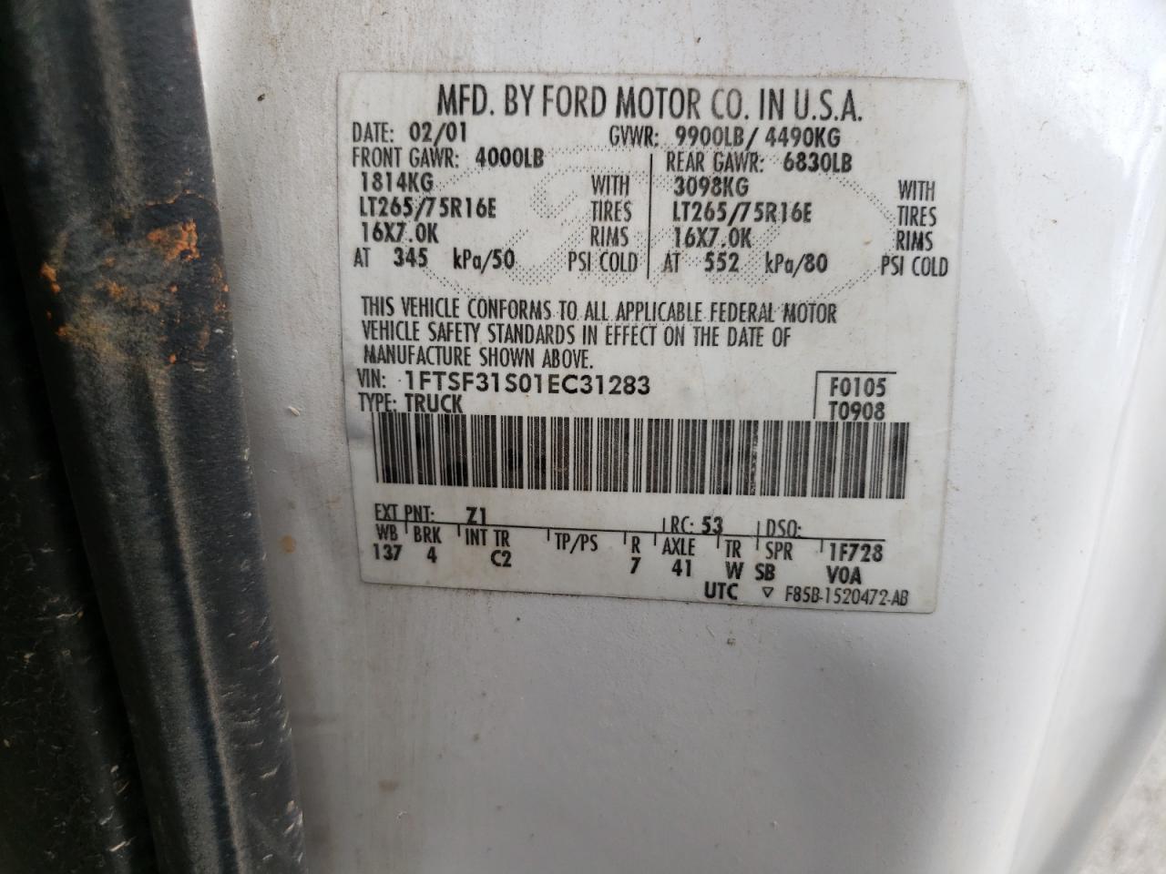 1FTSF31S01EC31283 2001 Ford F350 Srw Super Duty