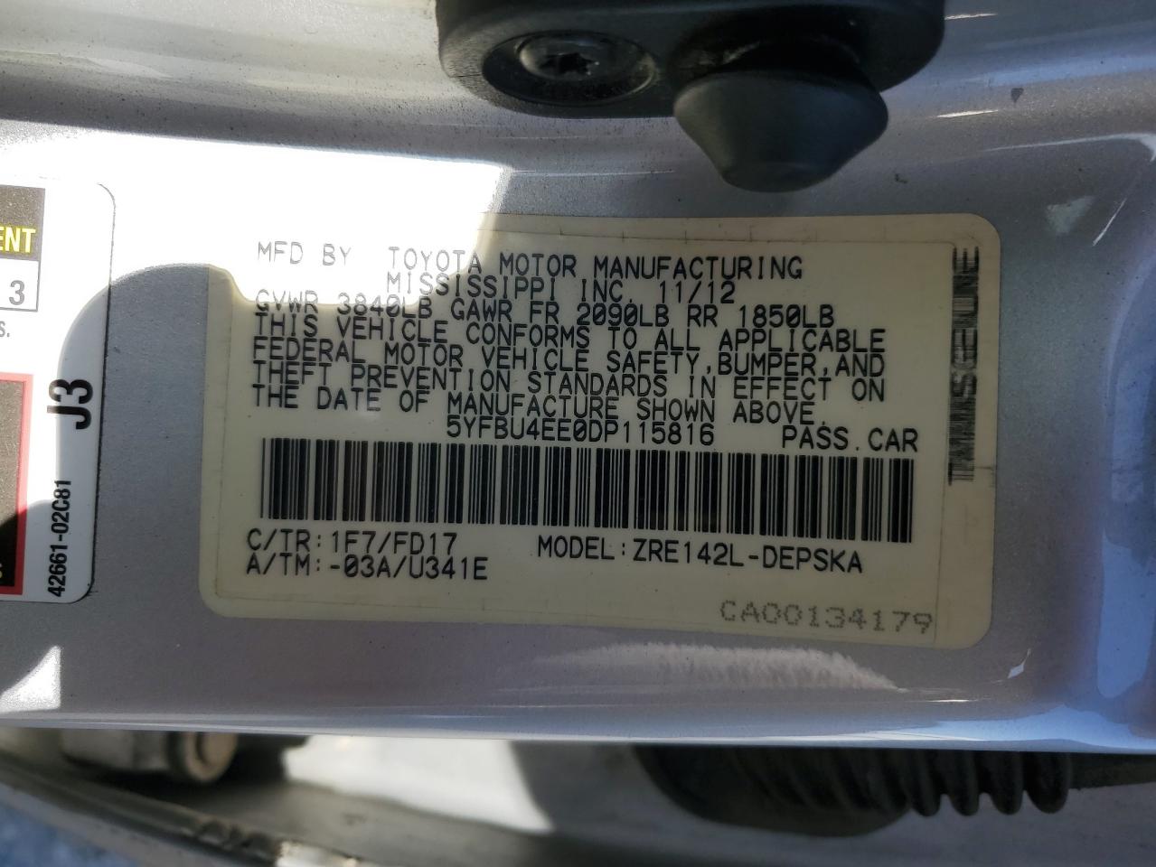 5YFBU4EE0DP115816 2013 Toyota Corolla Base