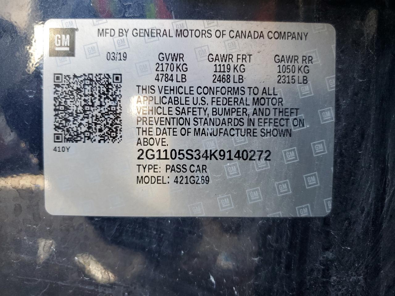 2G1105S34K9140272 2019 Chevrolet Impala Premier