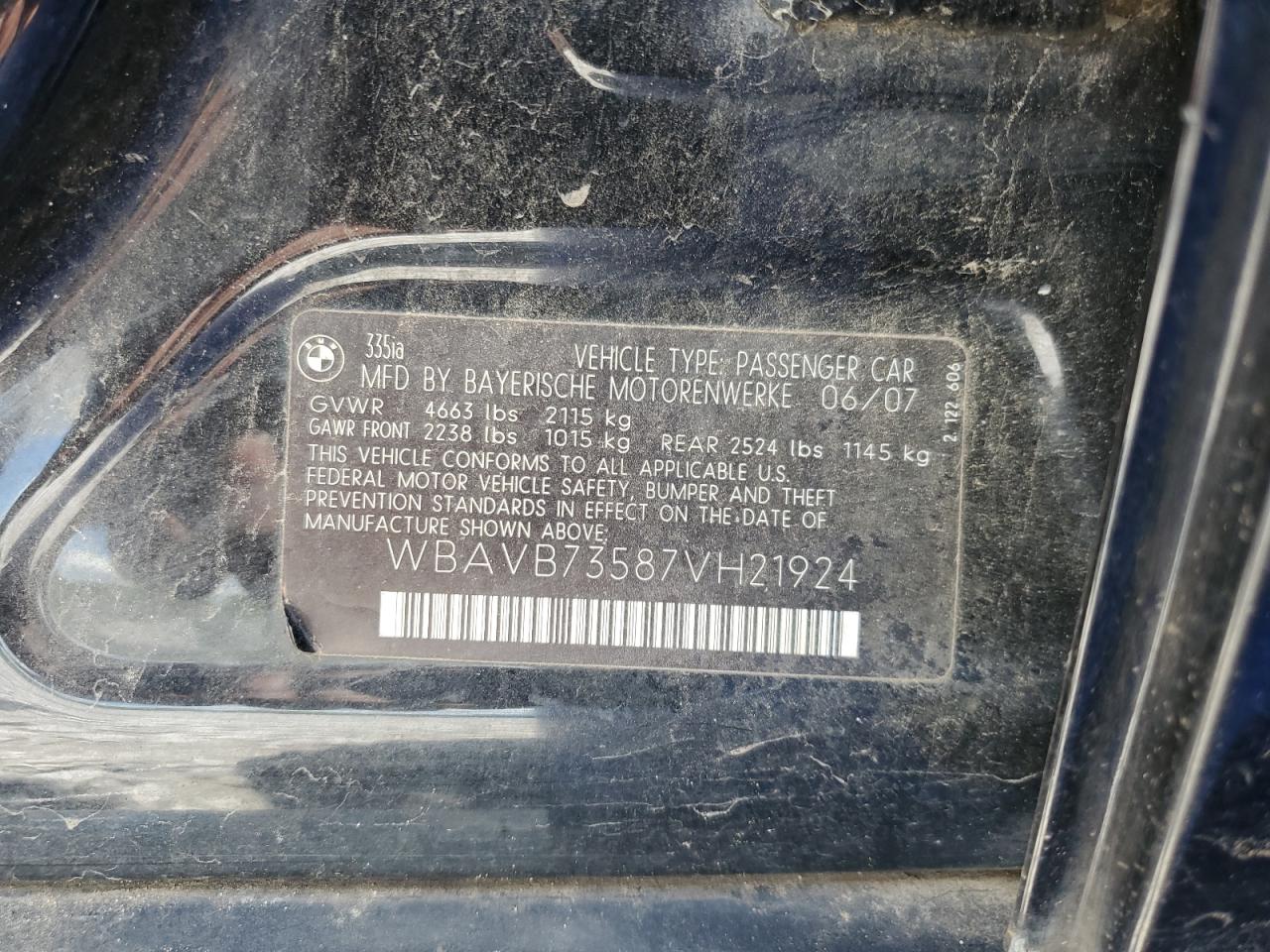 WBAVB73587VH21924 2007 BMW 335 I