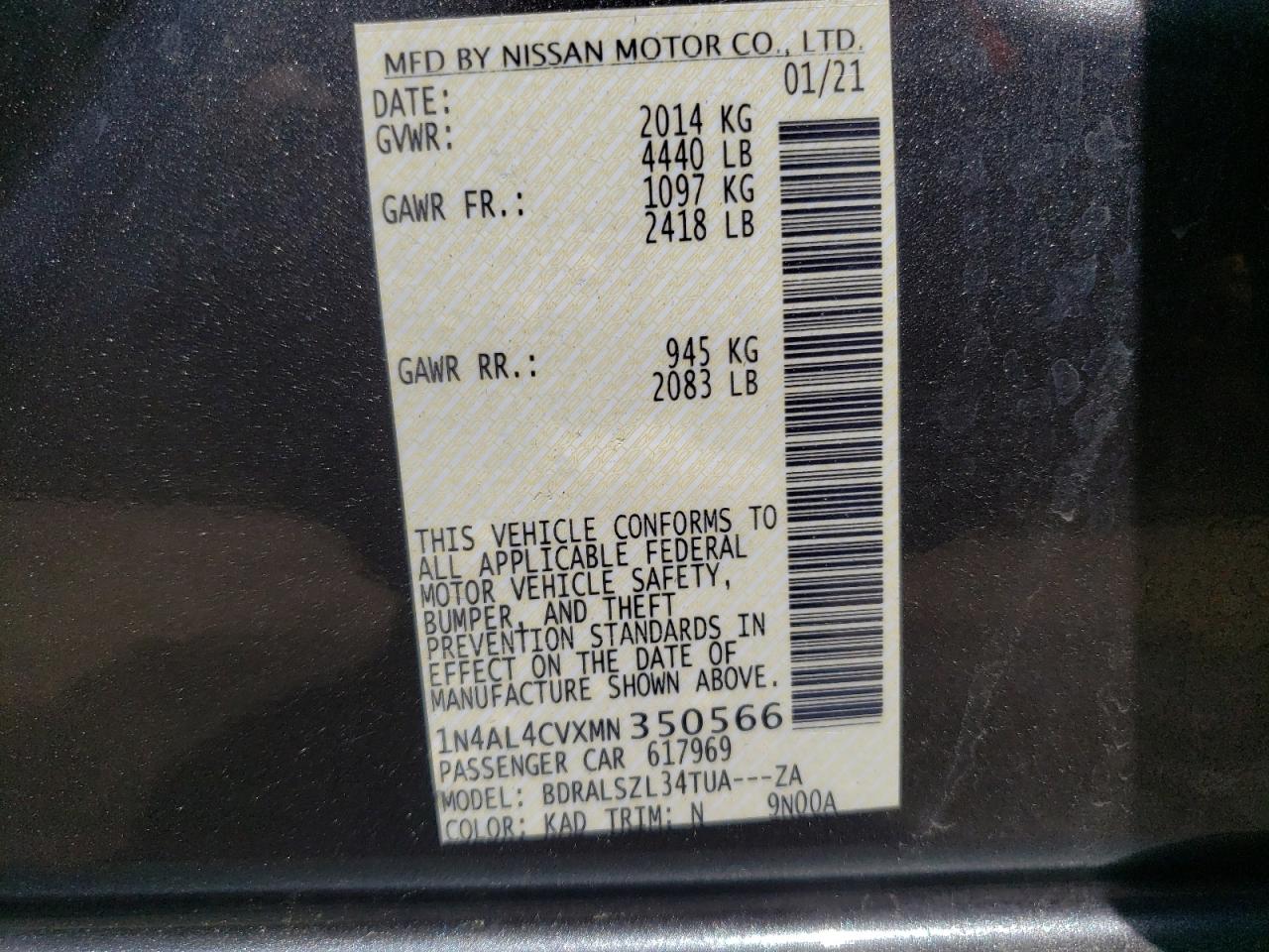 1N4AL4CVXMN350566 2021 Nissan Altima Sr