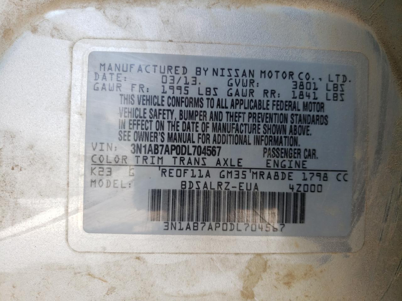 3N1AB7AP0DL704567 2013 Nissan Sentra S