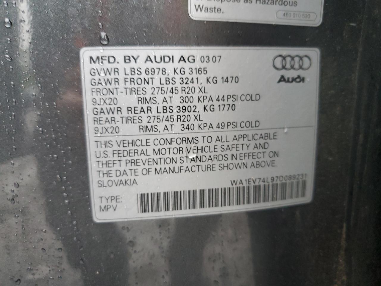 WA1EV74L97D089231 2007 Audi Q7 4.2 Quattro Premium S-Line