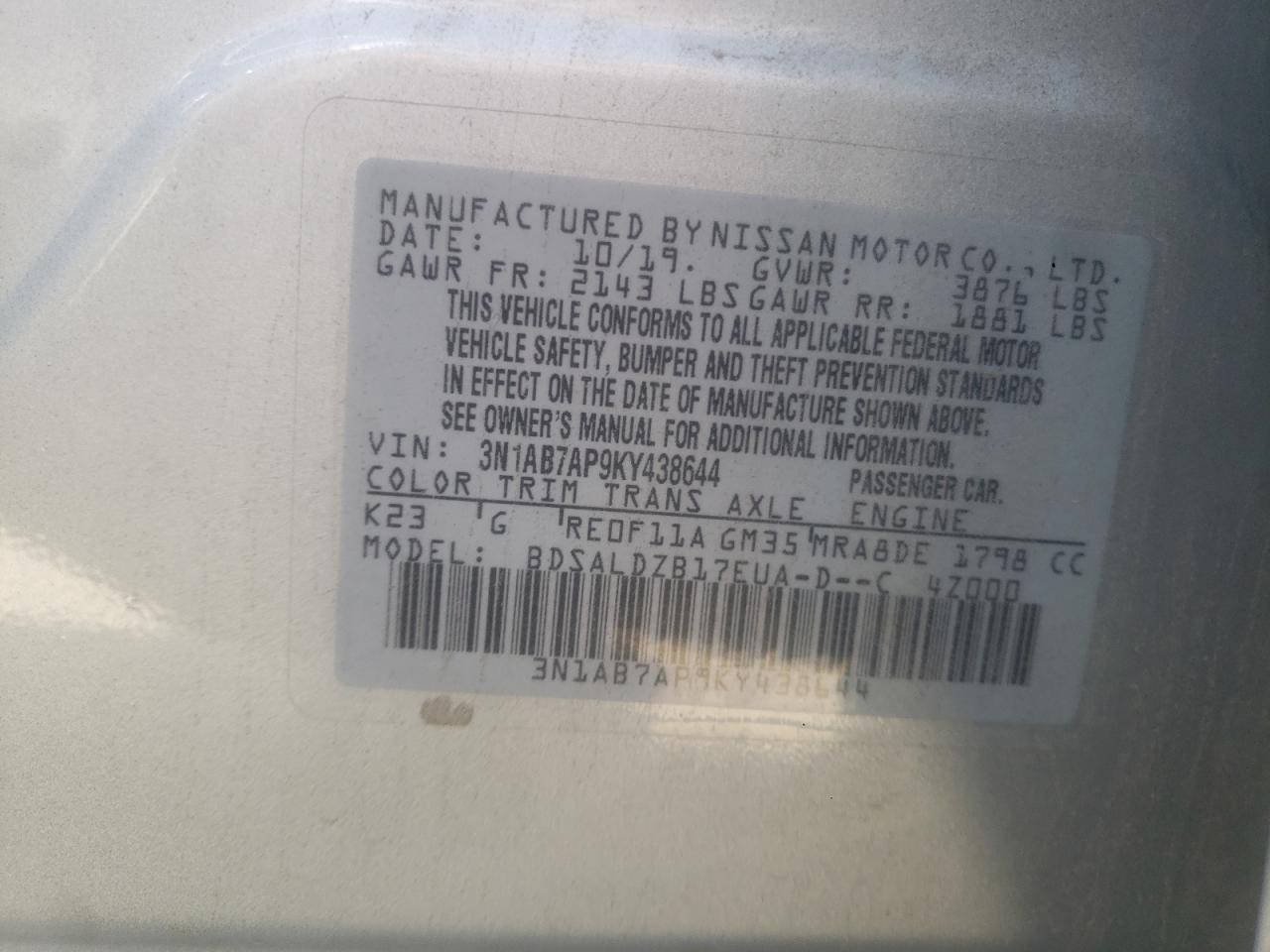 3N1AB7AP9KY438644 2019 Nissan Sentra S