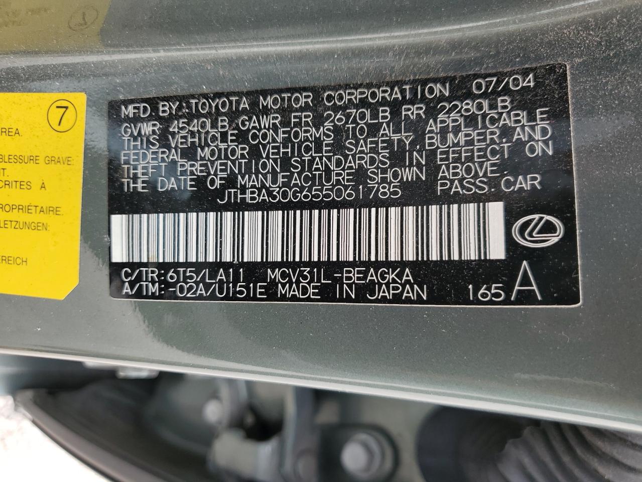 JTHBA30G655061785 2005 Lexus Es 330