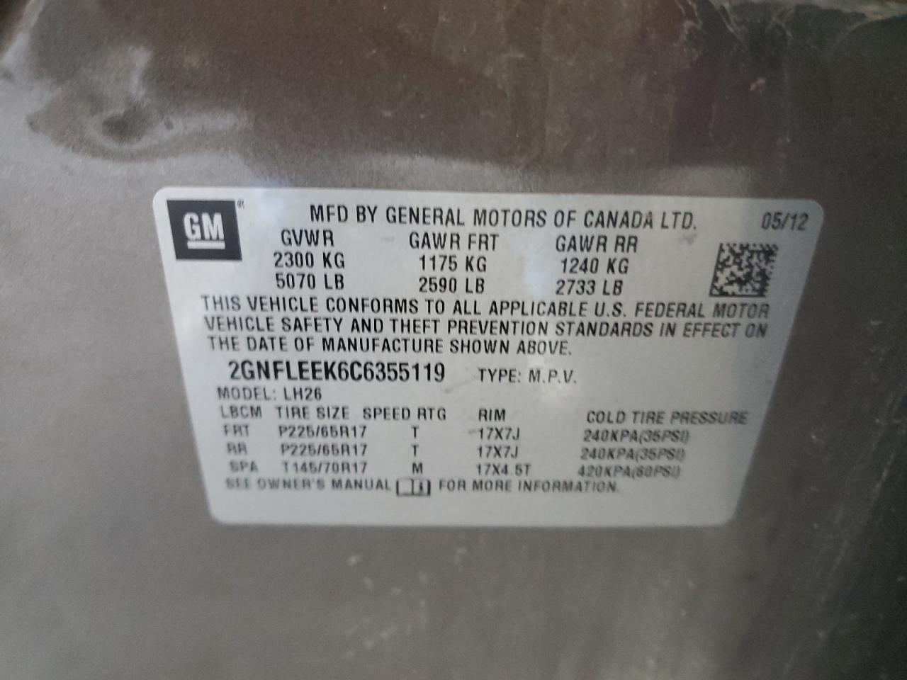 2GNFLEEK6C6355119 2012 Chevrolet Equinox Lt