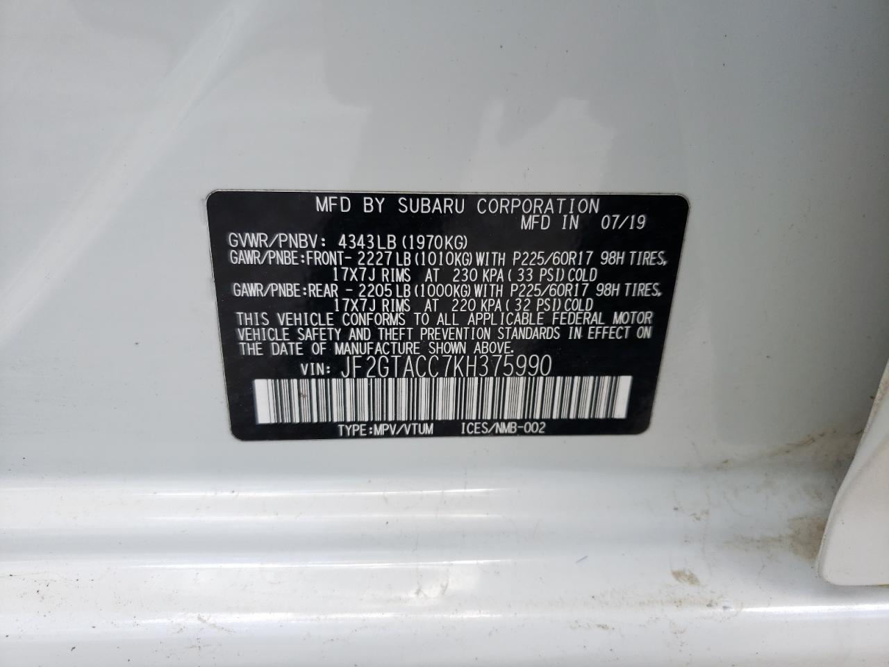 JF2GTACC7KH375990 2019 Subaru Crosstrek Premium