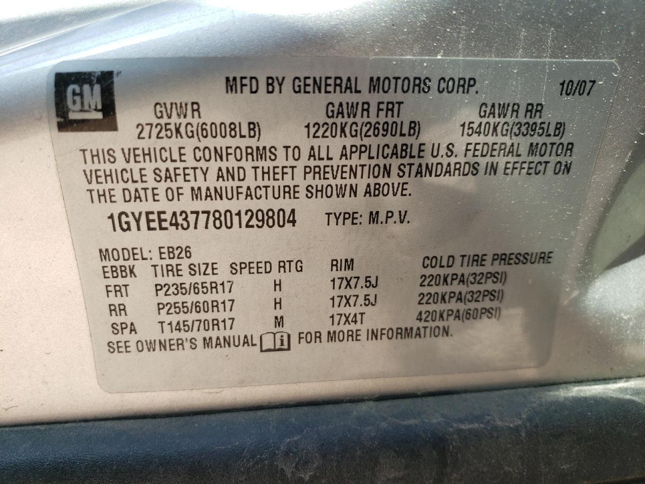 1GYEE437780129804 2008 Cadillac Srx