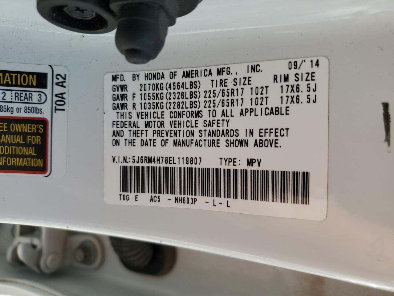 5J6RM4H78EL119807 2014 Honda Cr-V Exl