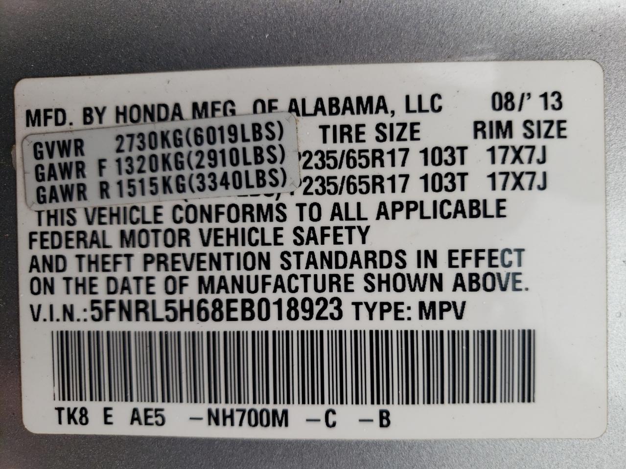 5FNRL5H68EB018923 2014 Honda Odyssey Exl