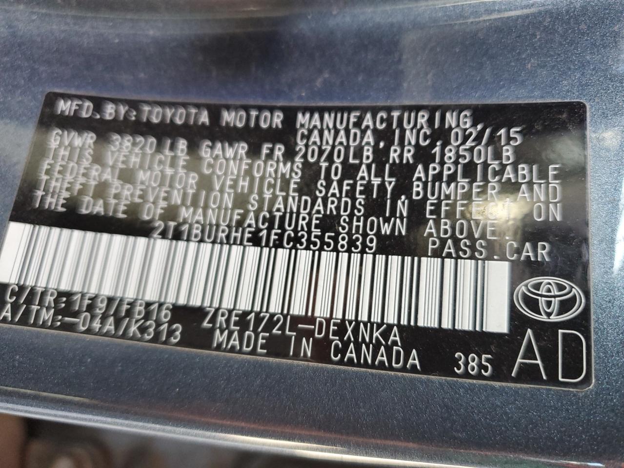 2T1BURHE1FC355839 2015 Toyota Corolla L