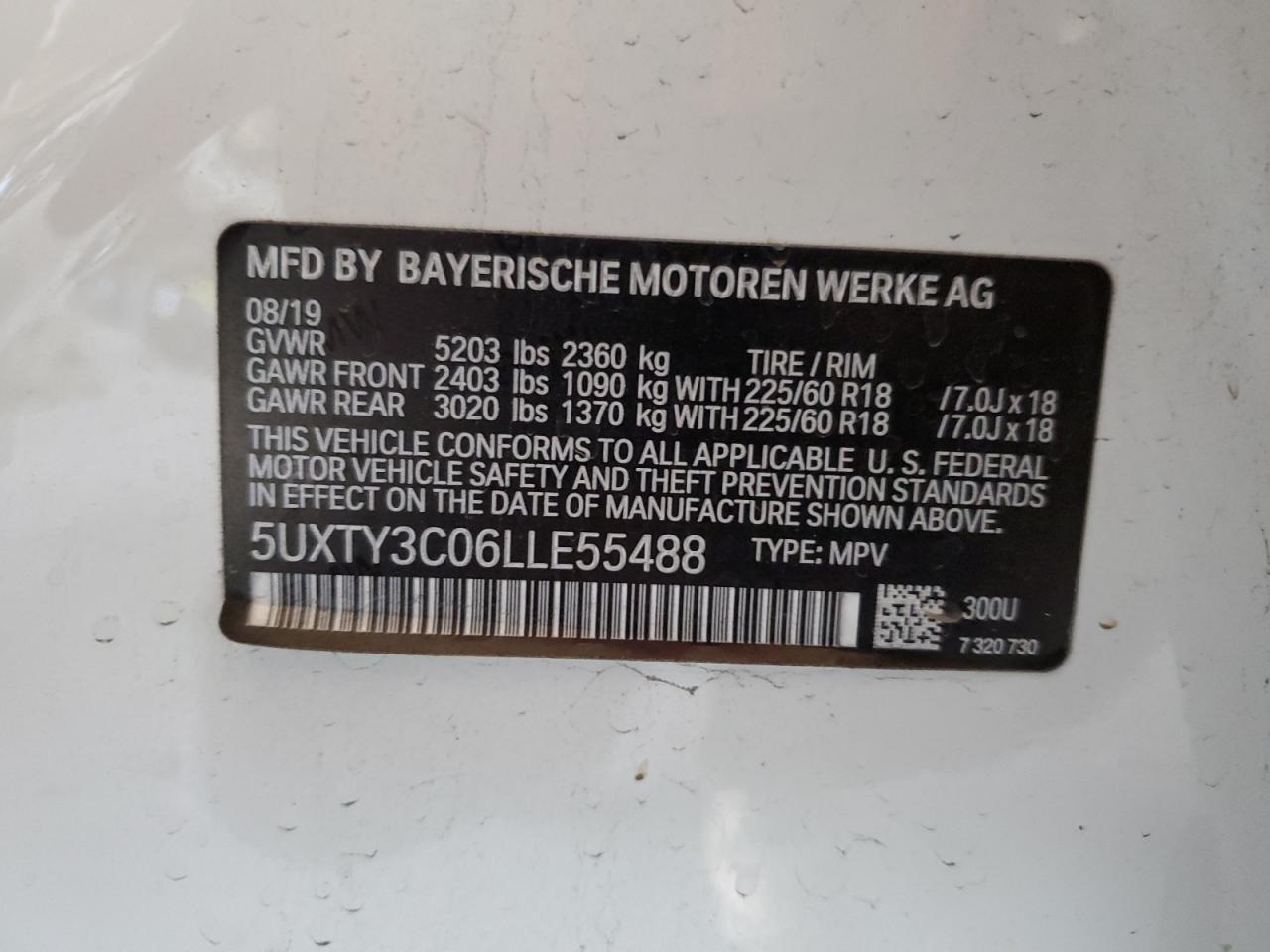 5UXTY3C06LLE55488 2020 BMW X3 Sdrive30I