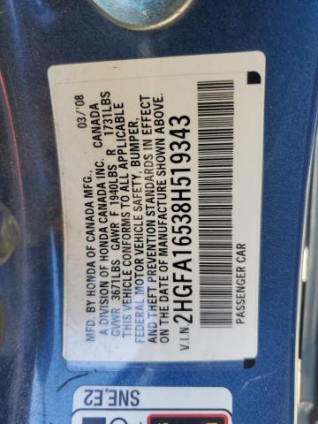 2008 Honda Civic Lx VIN: 2HGFA16538H519343 Lot: 55745914