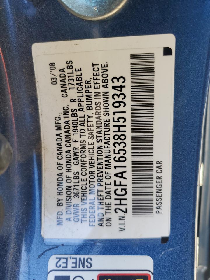 2HGFA16538H519343 2008 Honda Civic Lx