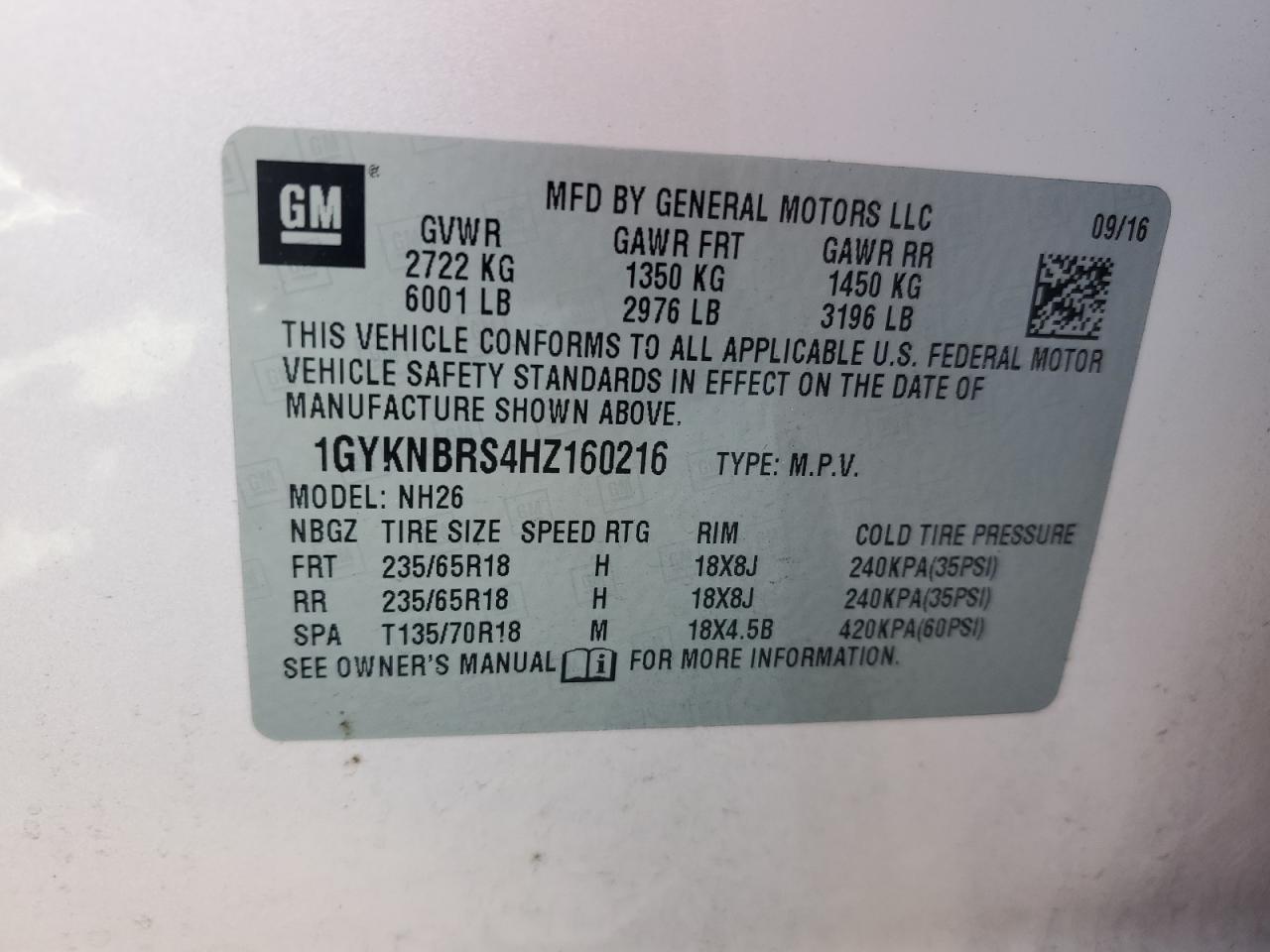 1GYKNBRS4HZ160216 2017 Cadillac Xt5 Luxury