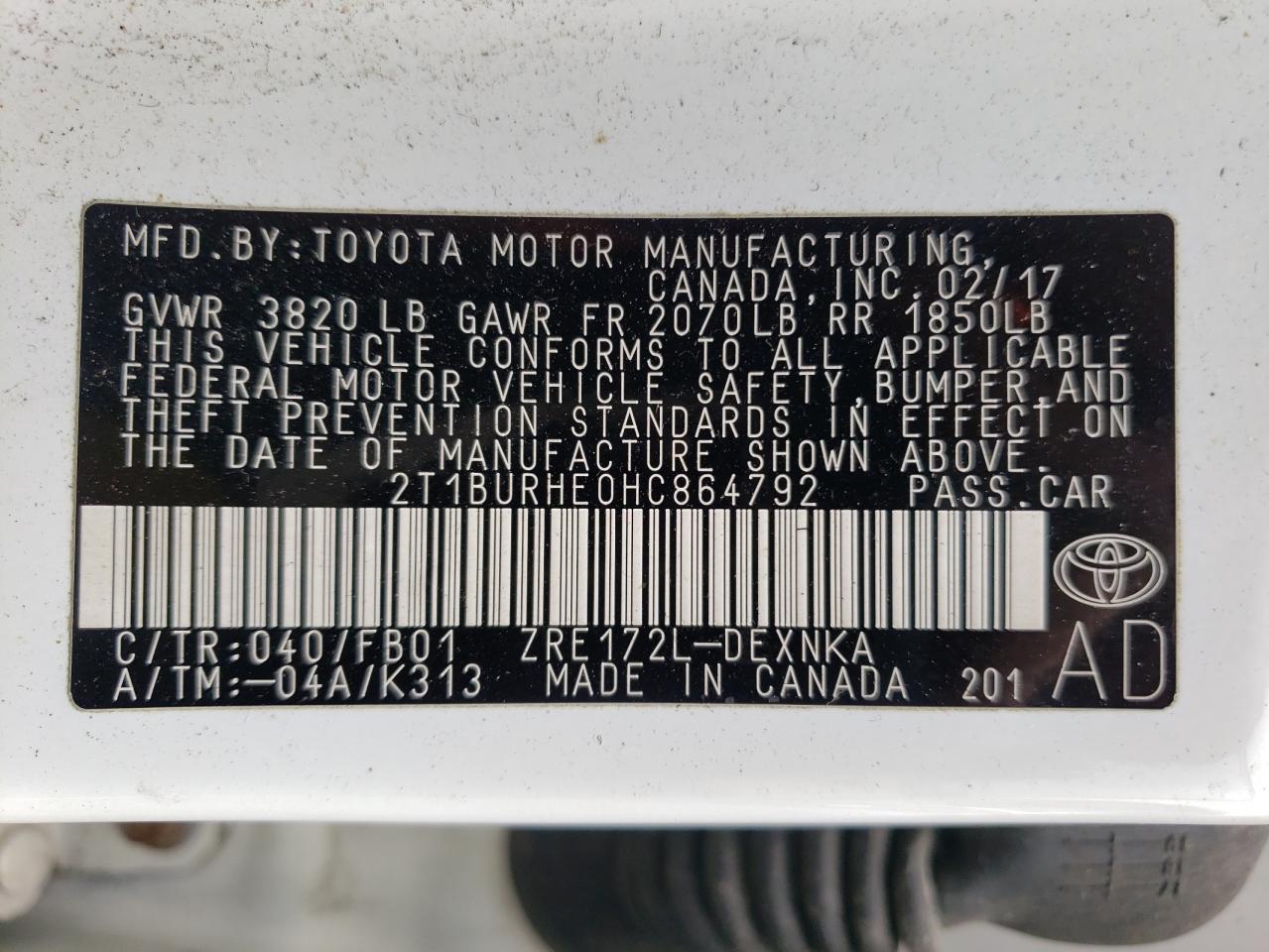 2T1BURHE0HC864792 2017 Toyota Corolla L