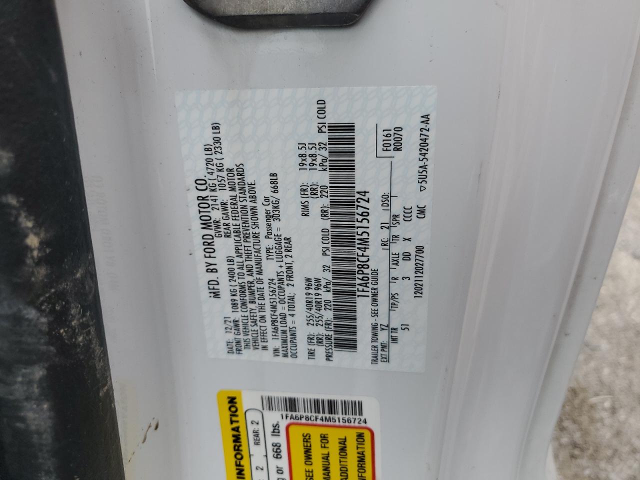 1FA6P8CF4M5156724 2021 Ford Mustang Gt