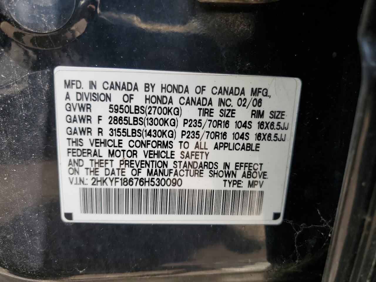 2HKYF18676H530090 2006 Honda Pilot Ex