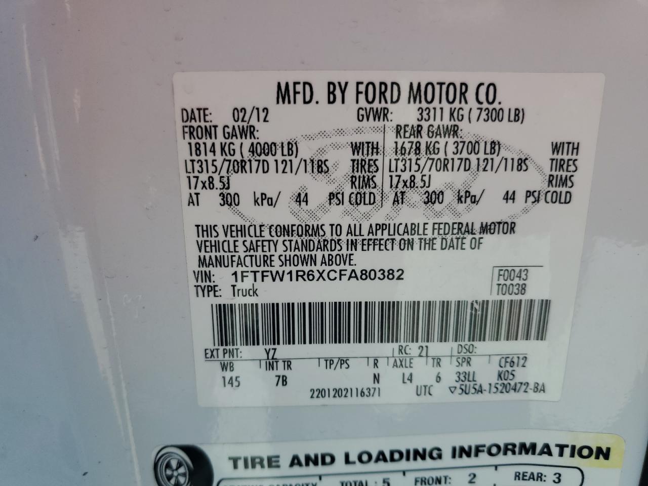 1FTFW1R6XCFA80382 2012 Ford F150 Svt Raptor