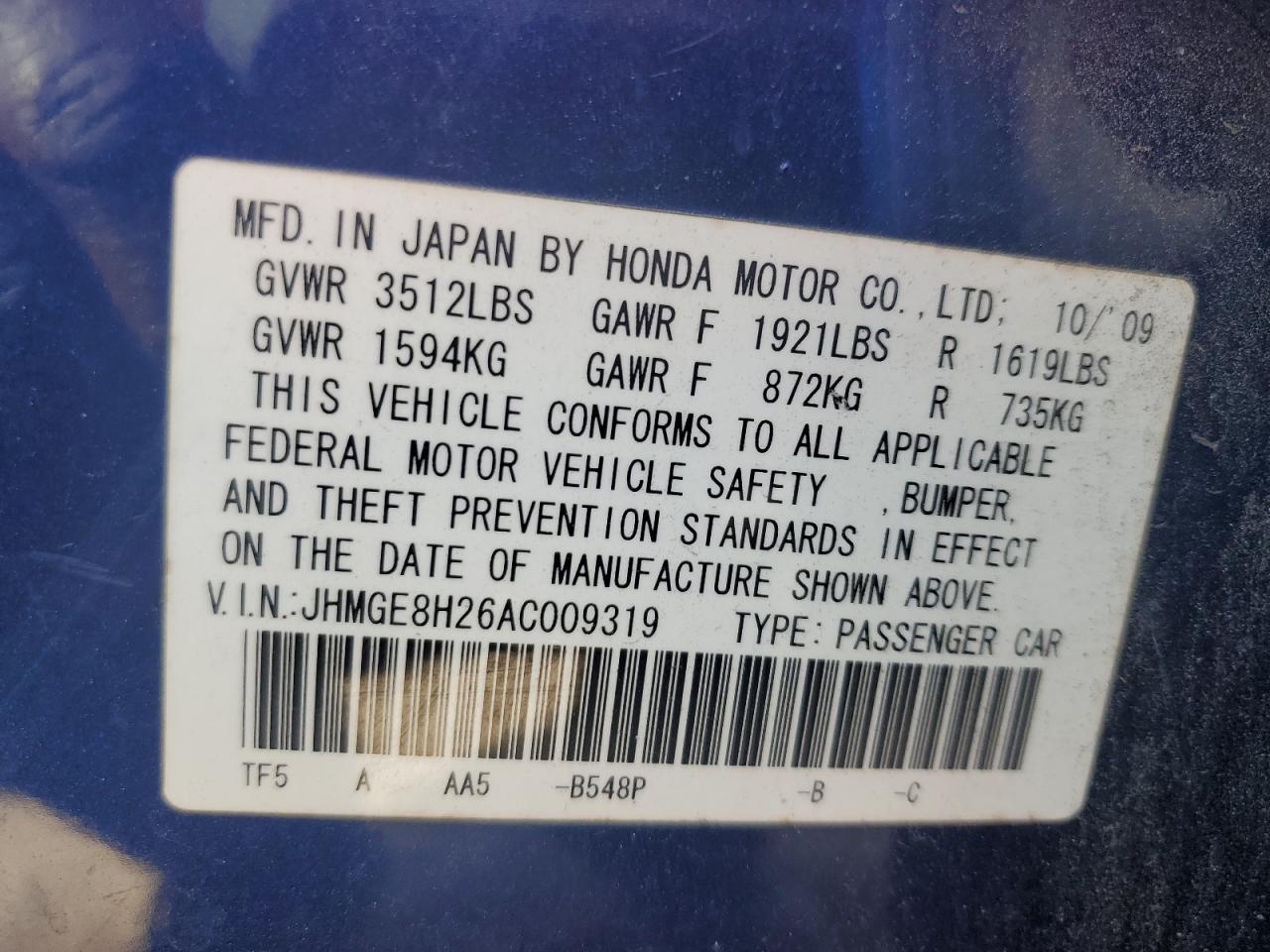 JHMGE8H26AC009319 2010 Honda Fit