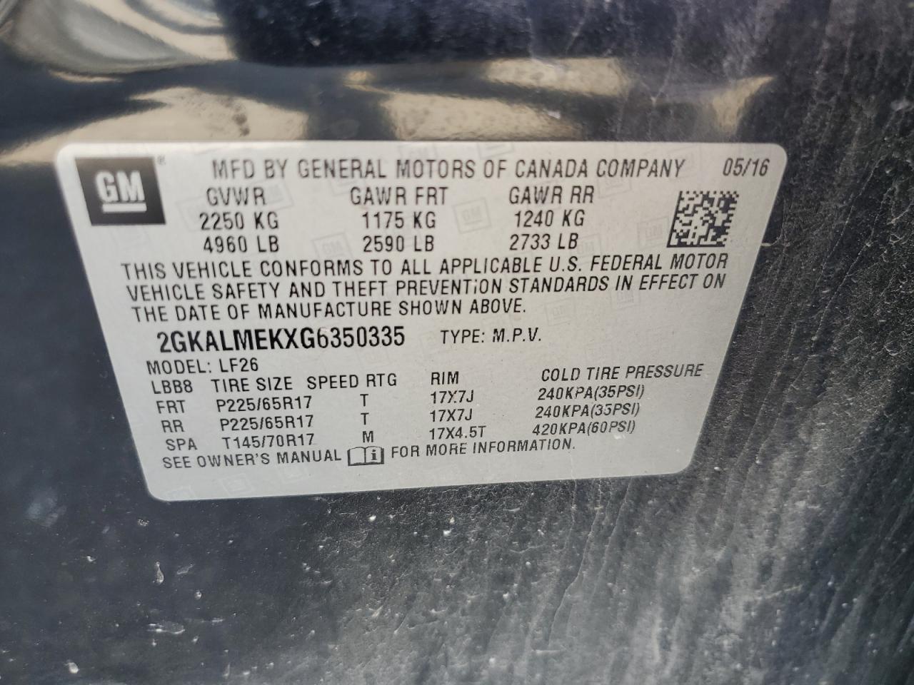 2GKALMEKXG6350335 2016 GMC Terrain Sle