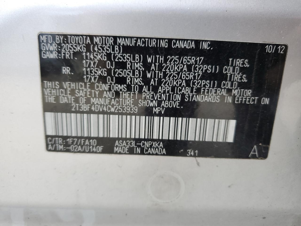 2012 Toyota Rav4 vin: 2T3BF4DV4CW253939