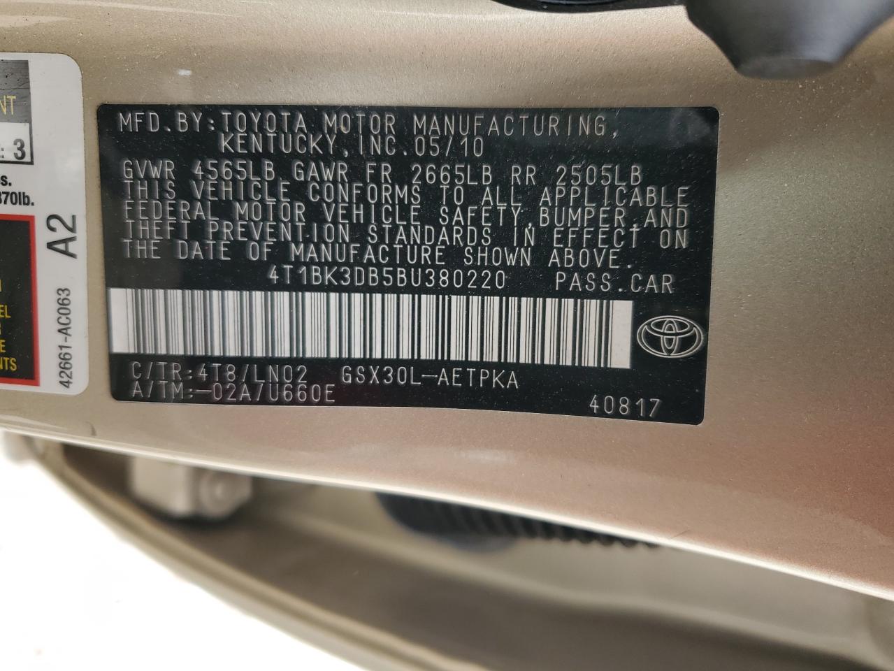 4T1BK3DB5BU380220 2011 Toyota Avalon Base