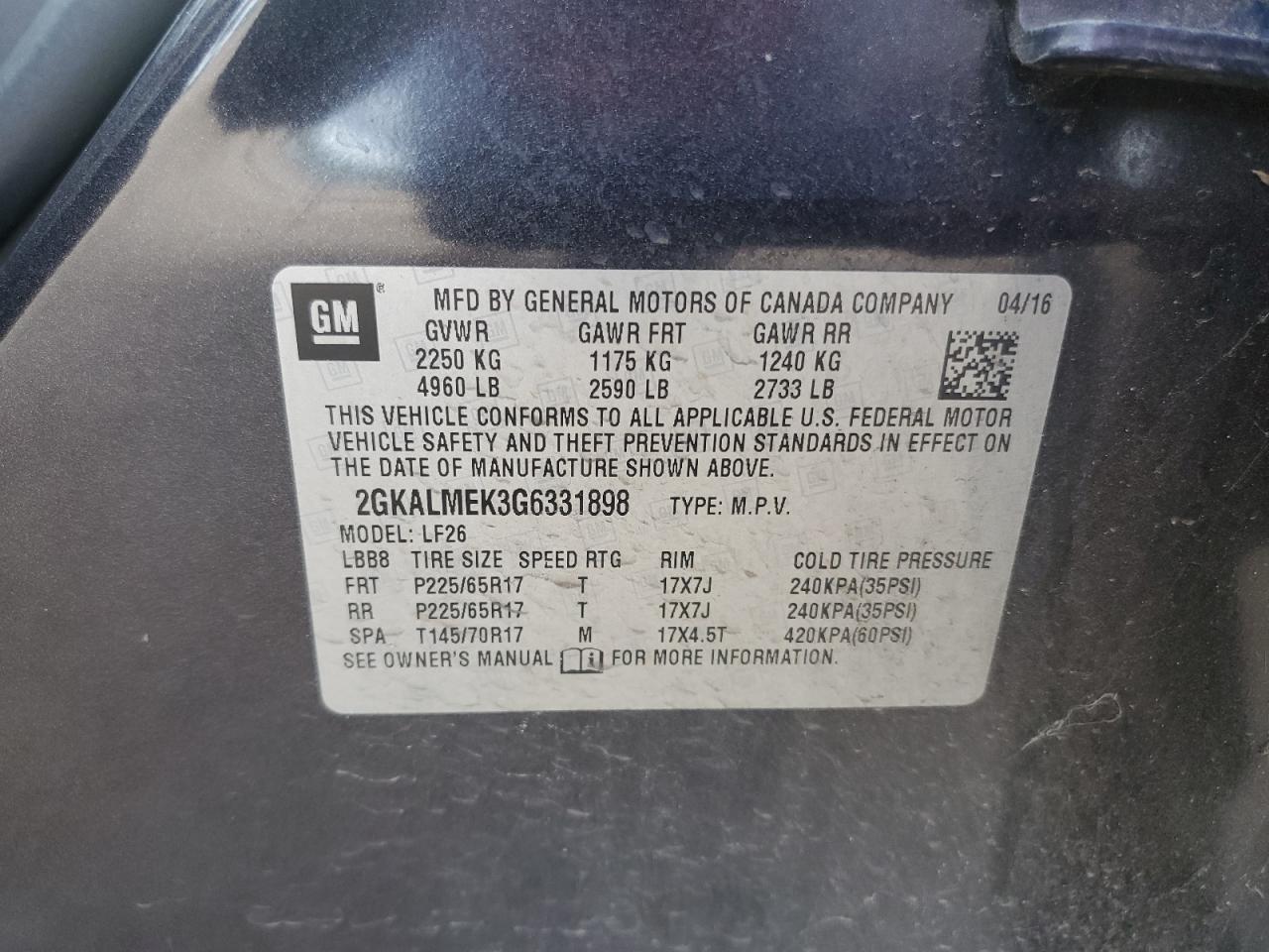 2GKALMEK3G6331898 2016 GMC Terrain Sle