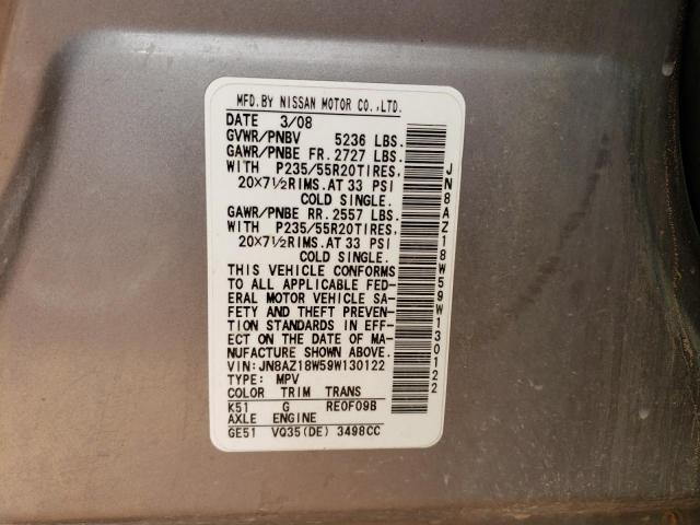 2009 Nissan Murano S VIN: JN8AZ18W59W130122 Lot: 55810274